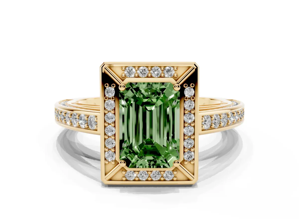 Fancy Green Emerald Cut Cut Halo Pave Split Shank Prong Setting Ring Yellow gold