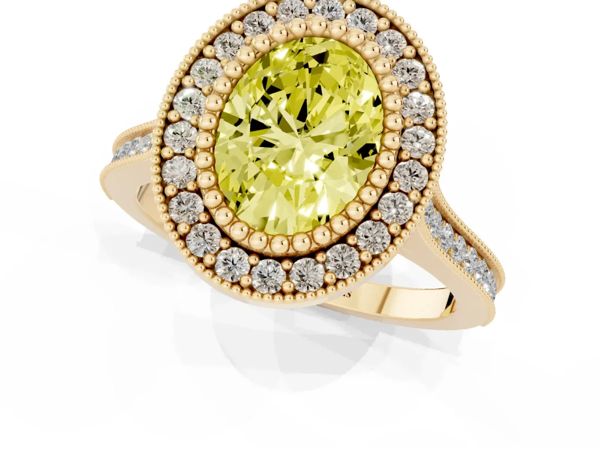 Fancy Yellow Oval Cut Diamond Halo Ring with Milgrain Frame and Pavé Band Yellow gold