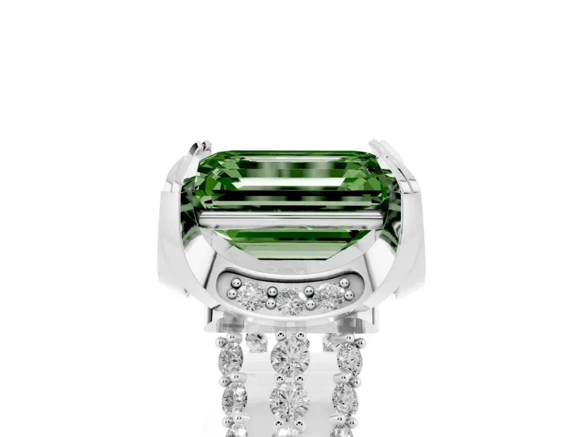 Fancy Green Emerald Cut Solitaire Pave Split Shank Ring with Four-Prong Setting Platinum