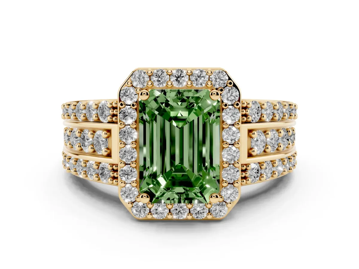 Fancy Green Emerald Cut Halo Diamond Ring with Round Split Shank and Prong Setting Yellow gold
