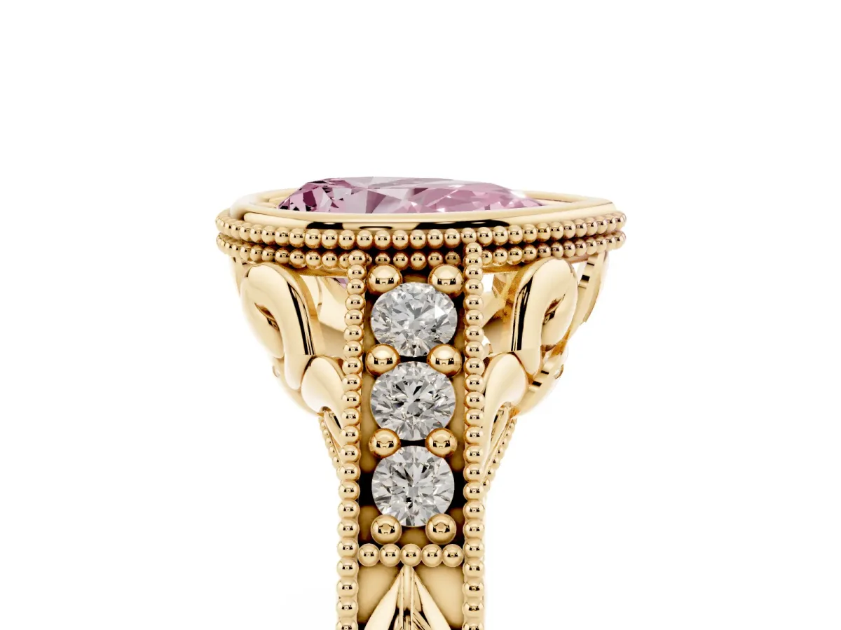Fancy Pink Bezel Set Pear Cut Diamond Milgrain Pave Engagement Ring Yellow gold