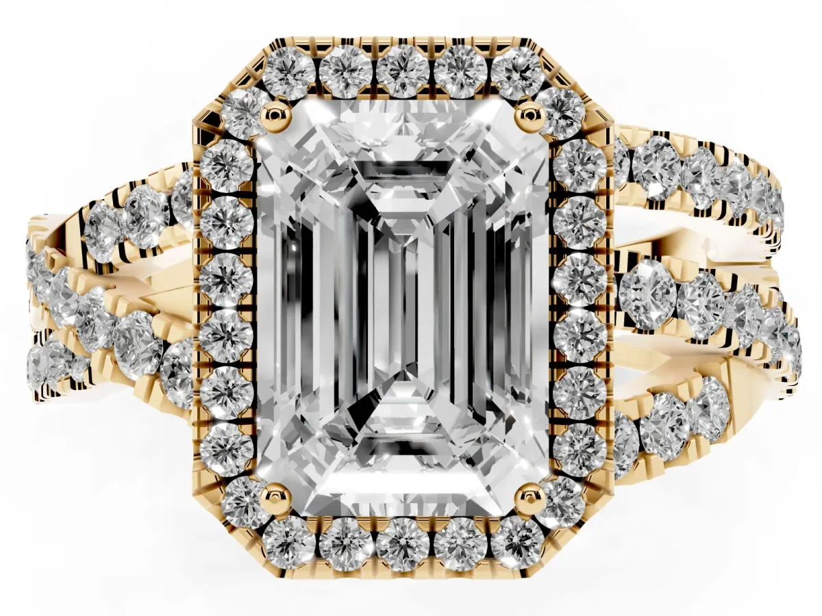 Emerald Cut Diamond Halo Ring with Round Split Shank and Prong Setting Yellow gold