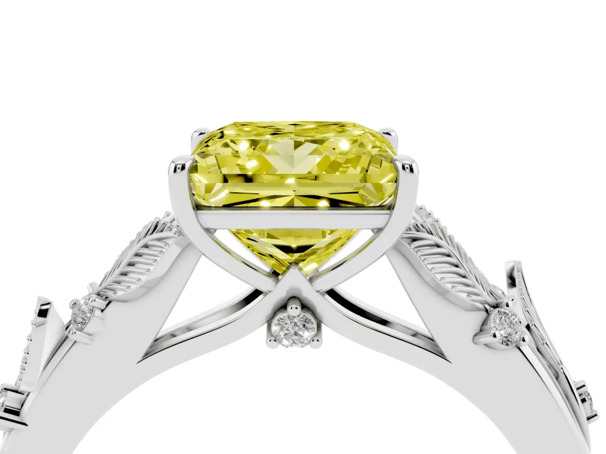 Fancy Yellow Princess Cut Diamond Solitaire Ring with Leaf Motif Band and Four-Prong Setting Silver