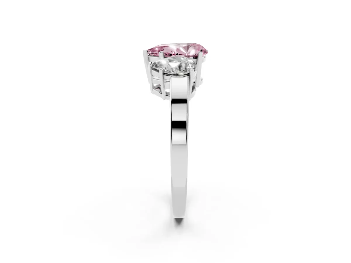 Fancy Pink Three-Stone Pear Cut Cut Diamond Engagement Ring with Flat Band and Four-Prong Setting Silver