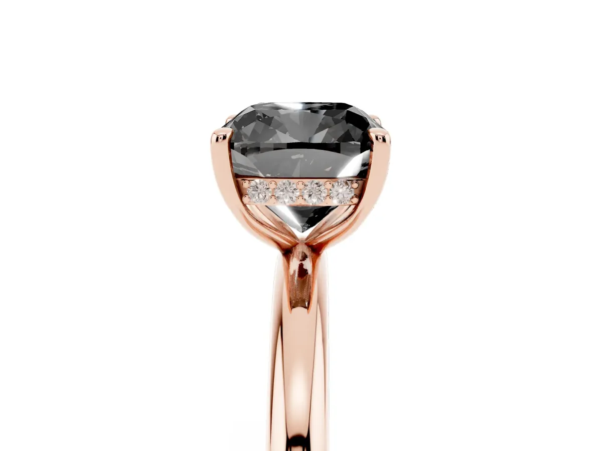 Fancy Black Cushion Cut Diamond Solitaire Ring with Thin Band and Four-Prong Setting Rose gold