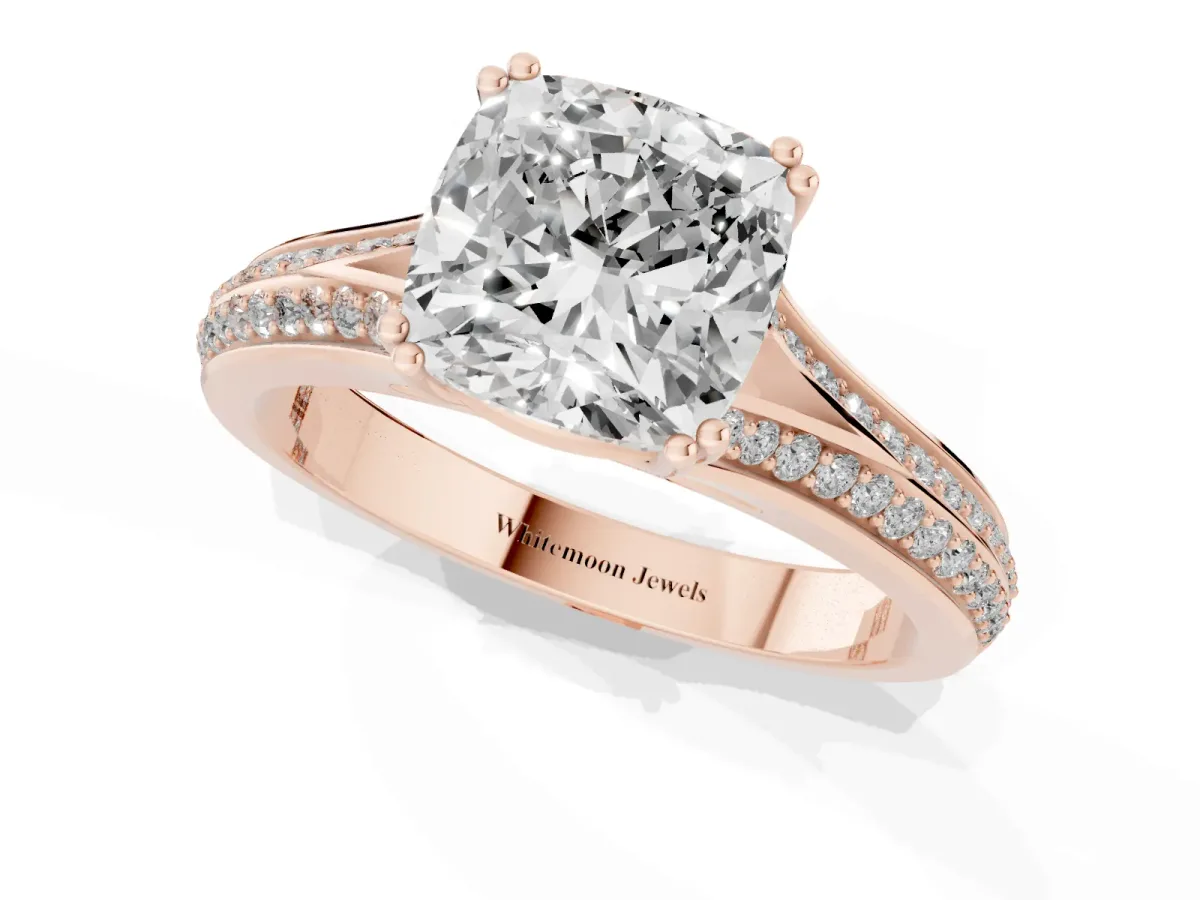 Cushion Cut Diamond Split Shank Engagement Ring with Pavé Band Rose gold