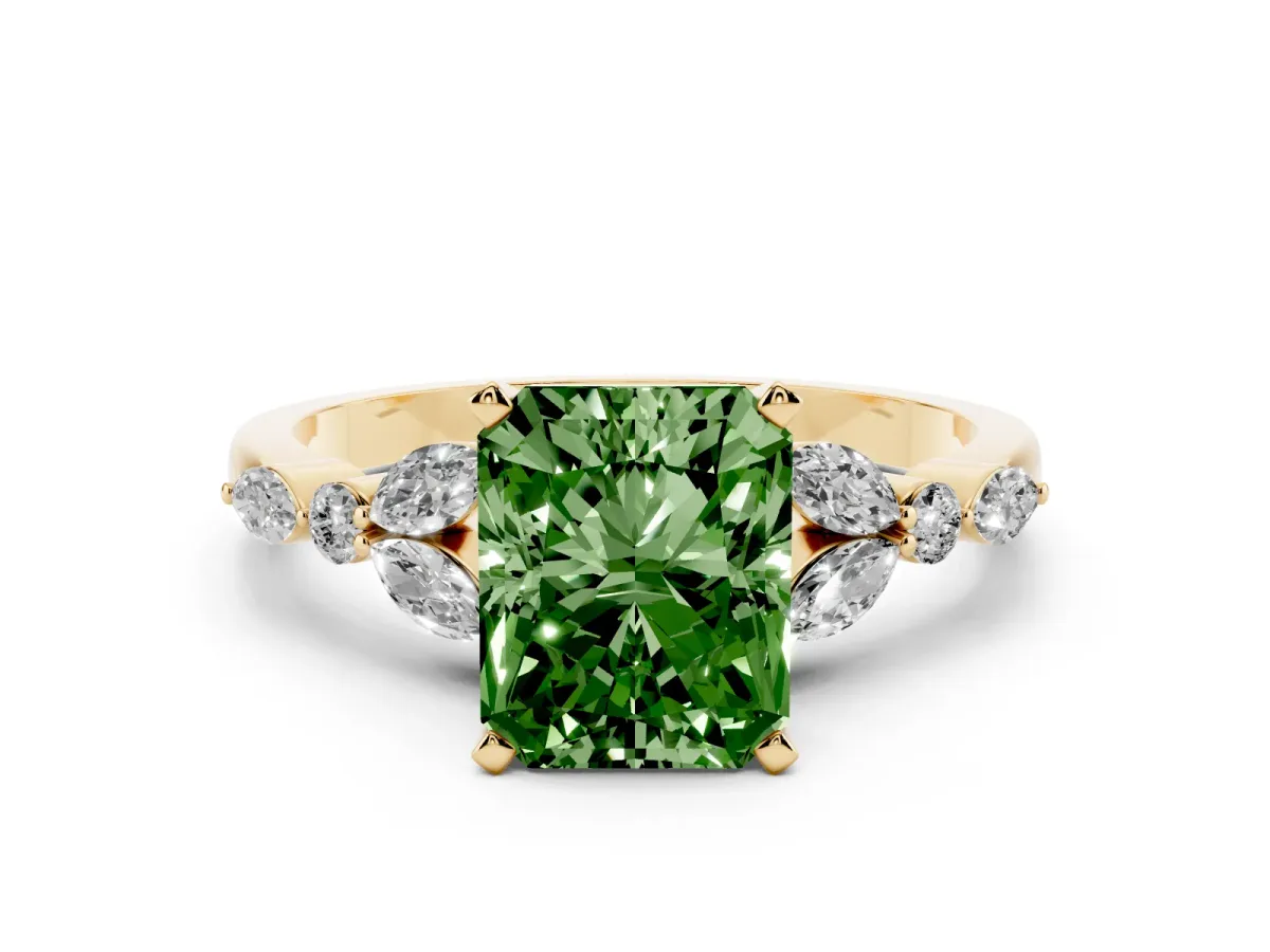 Fancy Green Radiant Cut Diamond Solitaire Ring with Side Stones and Four-Prong Setting Yellow gold