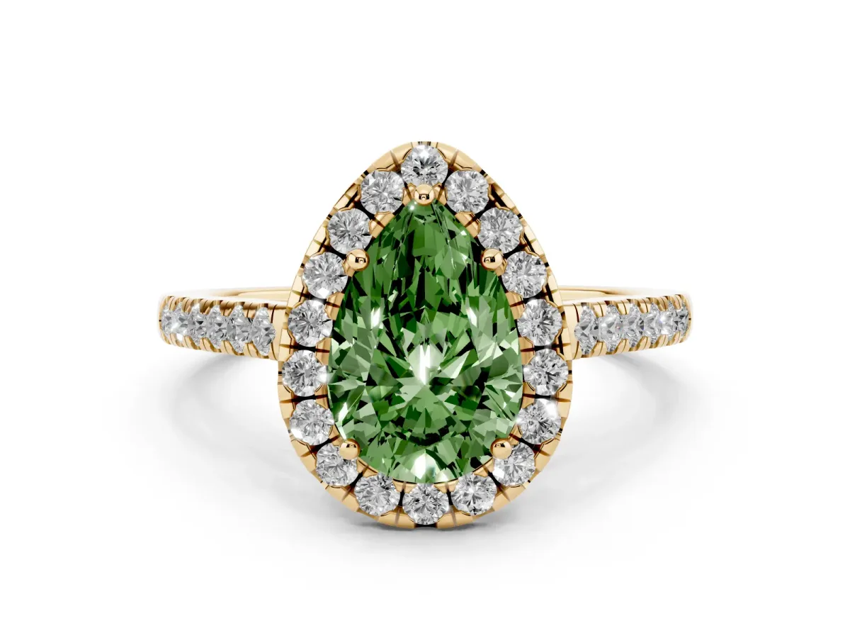Fancy Green Pear Cut Halo Pave Diamond Engagement Ring with Four-Prong Setting Yellow gold