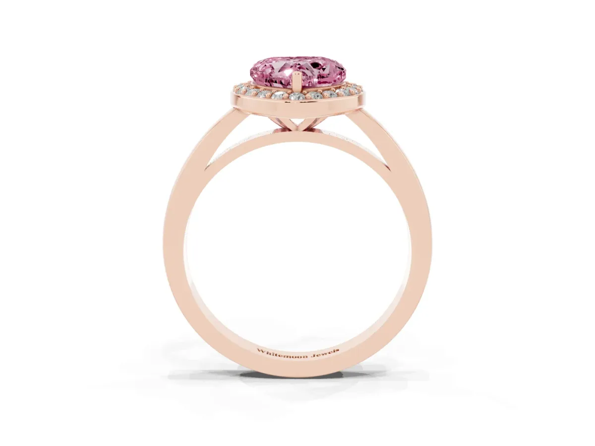 Fancy Pink Heart Cut Halo Diamond Ring with Solitaire Band and Prong Setting Rose gold