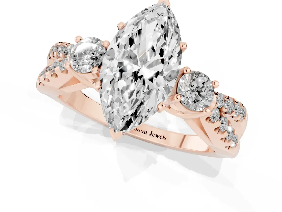 Marquise Cut Diamond Three-Stone Ring with Pavé Split Shank and Four-Prong Setting Rose gold