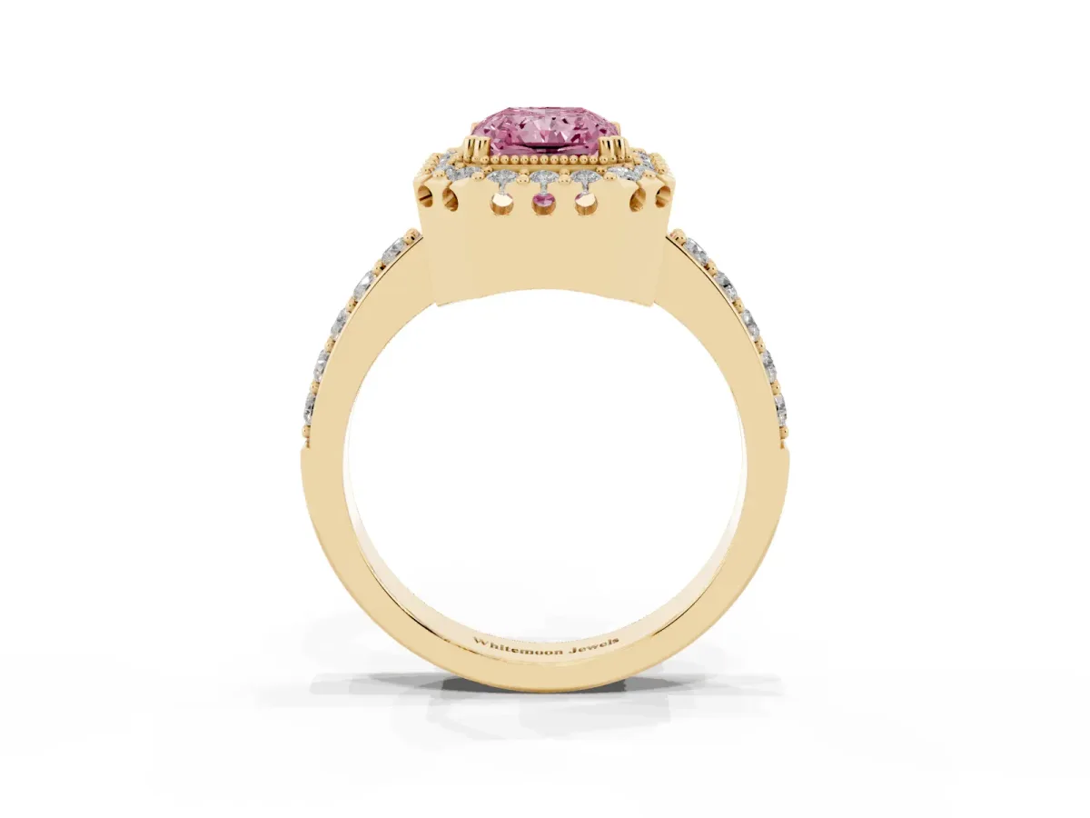 Fancy Pink Radiant Cut Diamond Halo Ring with Pavé Band and Prong Setting Yellow gold