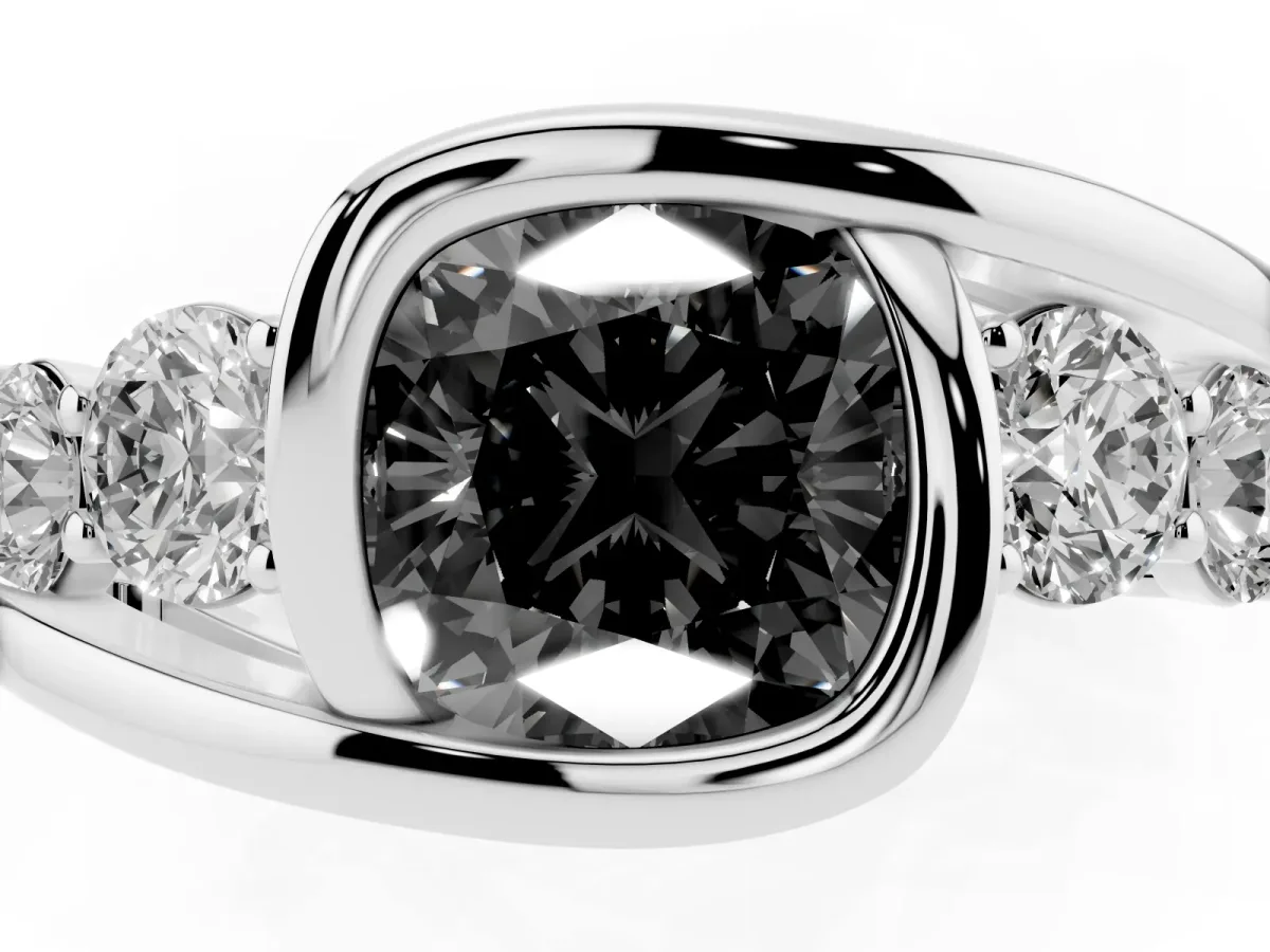 Fancy Black Bezel Set Cushion Cut Diamond Bypass Ring with Round Accents Platinum