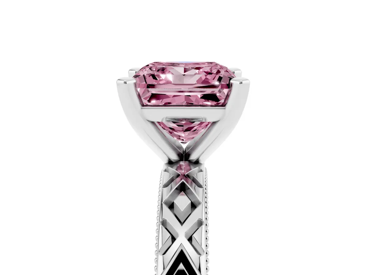 Fancy Pink Princess Cut Solitaire Diamond Ring with Milgrain and Black Enamel X Pattern Band Silver