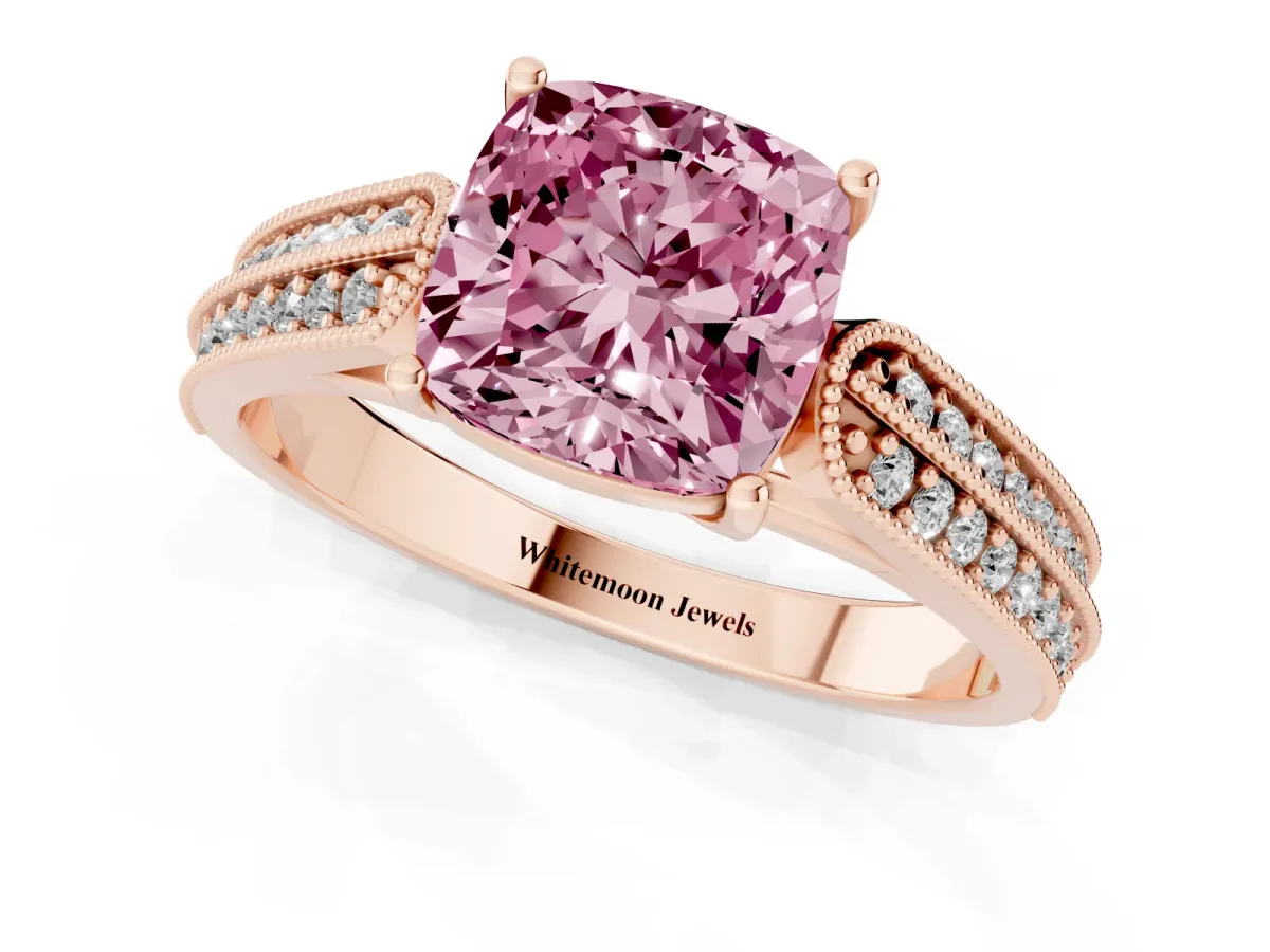 Fancy Pink Cushion Cut Cut Pave Split Shank Engagement Ring with Four-Prong Setting Rose gold