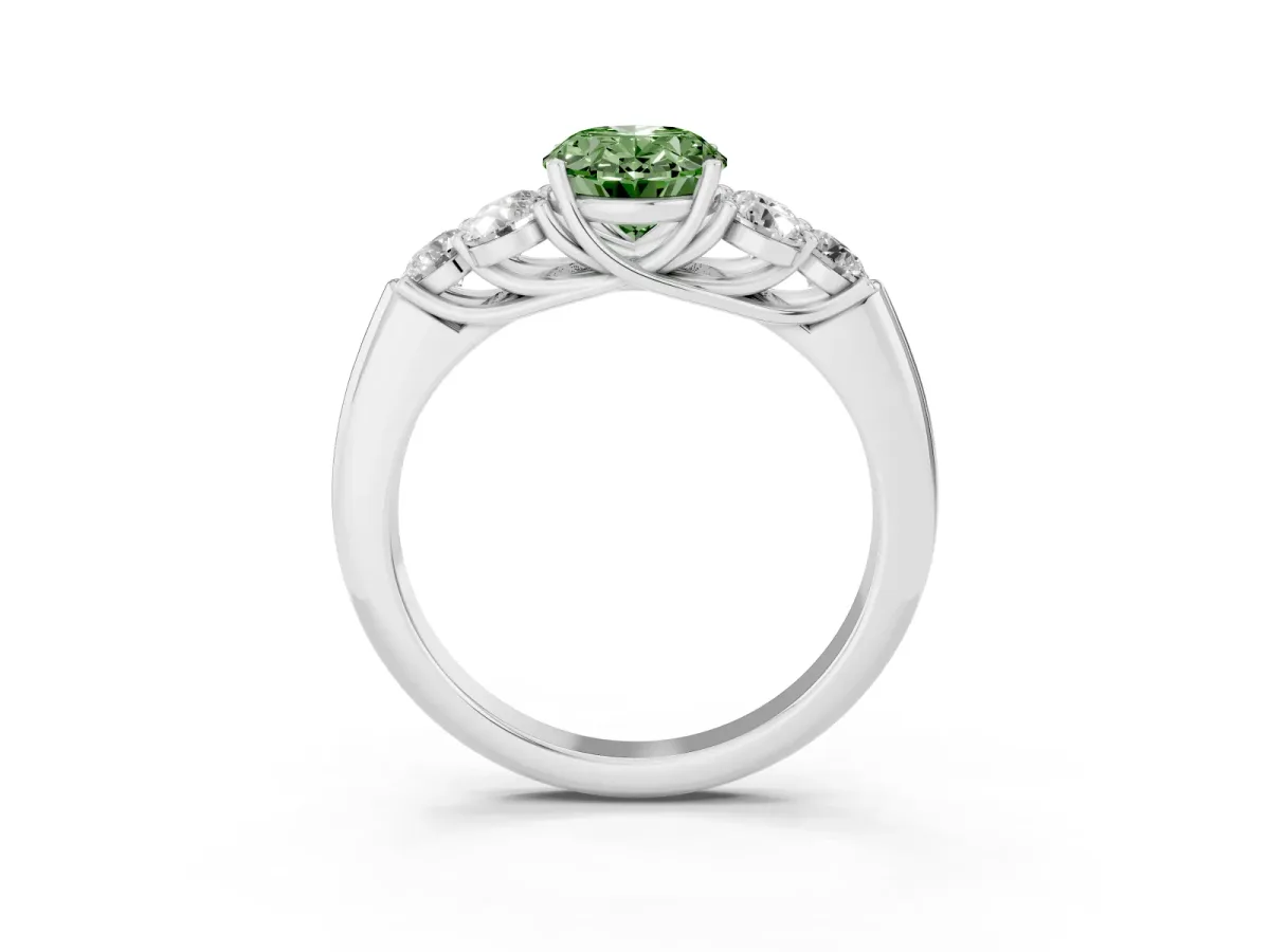 Fancy Green Oval Cut Cut Diamond Cluster Ring with Round Accent Stones and Prong Setting on a Classic Band White gold