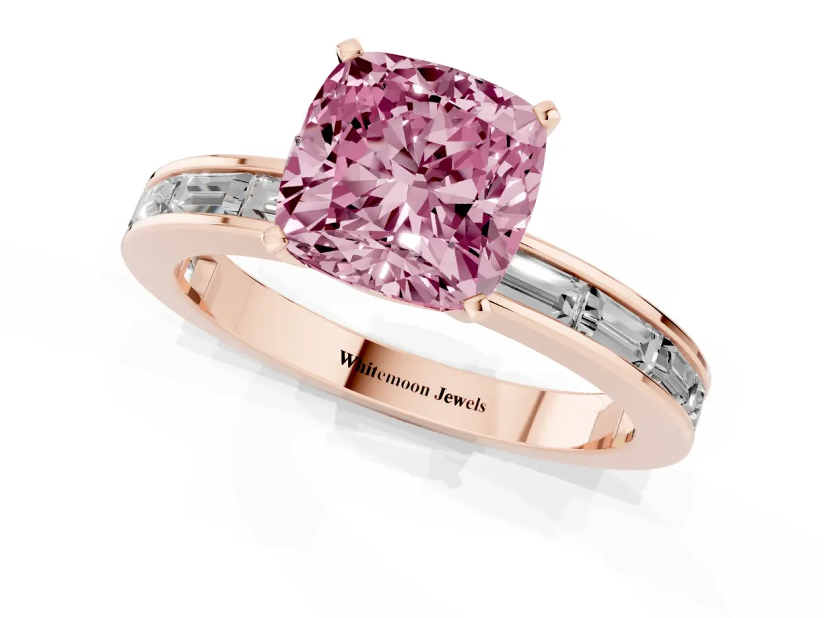 Fancy Pink Cushion Cut Solitaire Diamond Ring with Channel-Set Baguette Band and Four-Prong Setting Rose gold