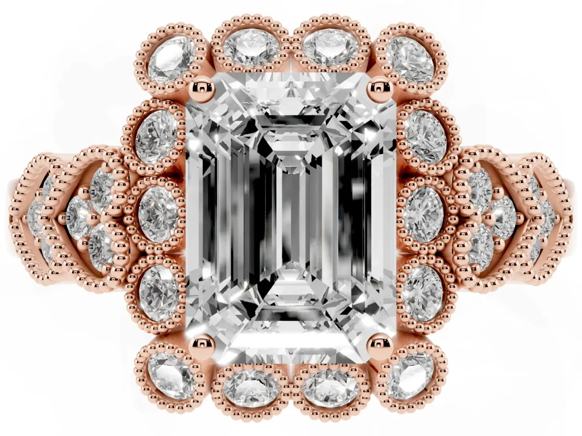 Emerald Cut Brilliant Milgrain Pave Heart Band Solitaire Ring Rose gold