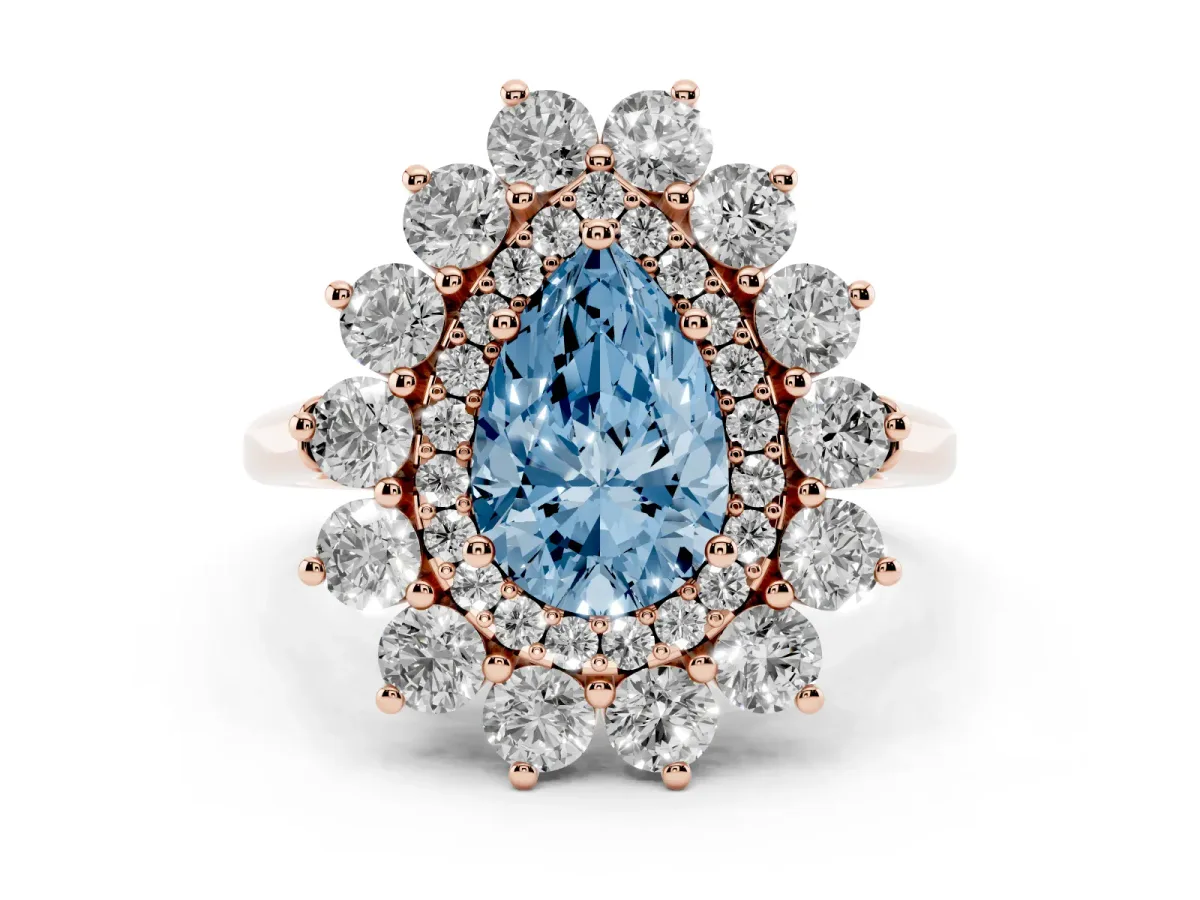 Fancy Blue Pear Cut Diamond Floral Double Halo Engagement Ring with Prong Setting Rose gold