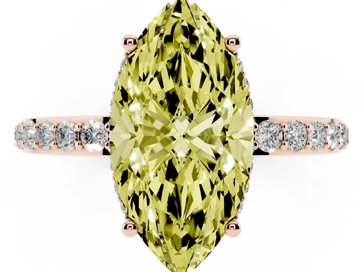 Fancy Yellow Marquise Cut Diamond Solitaire Ring with Pavé Band and Hidden Halo Rose gold