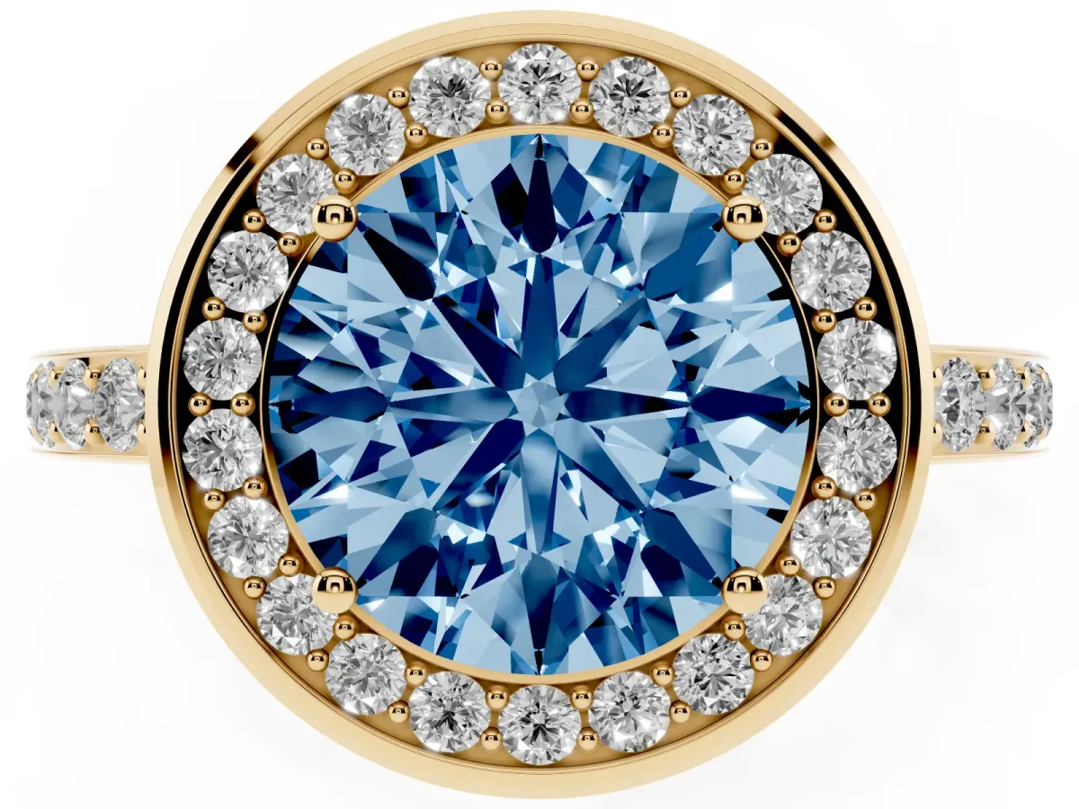 Fancy Blue Round Cut Diamond Halo Ring with Bezel Frame and Pavé Band Yellow gold