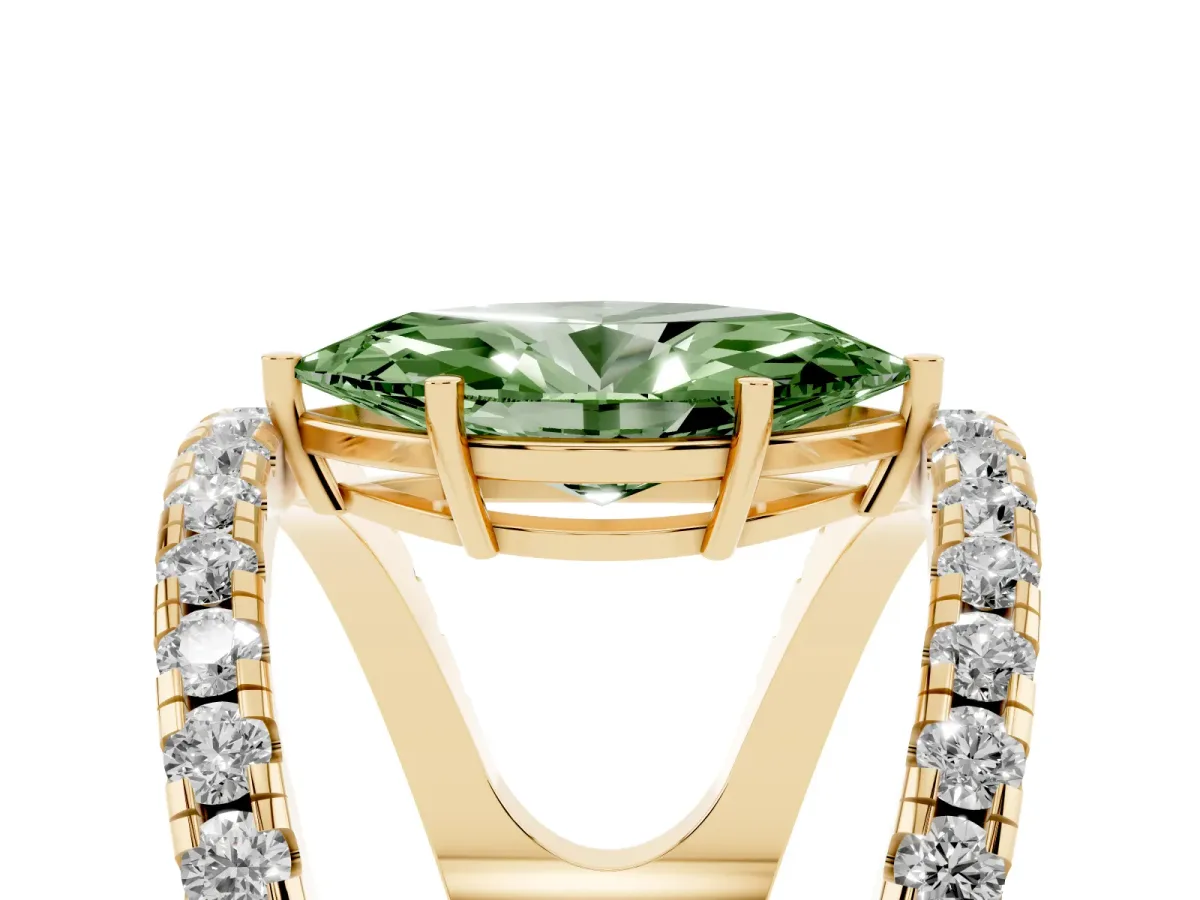 Fancy Green Marquise Cut Solitaire Split Shank Pave Diamond Ring Yellow gold