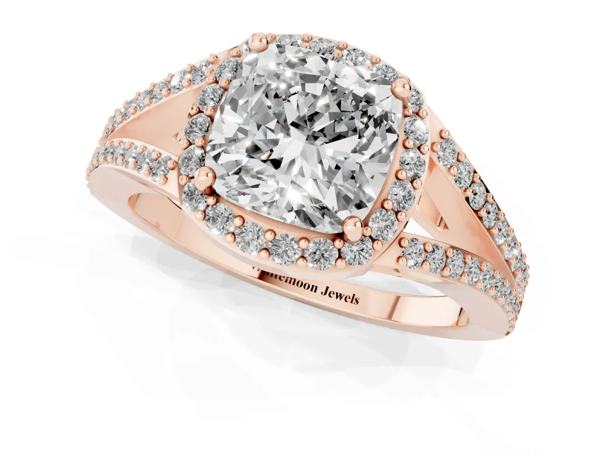 Cushion Cut Halo Split Shank Diamond Ring with Prong Setting Rose gold