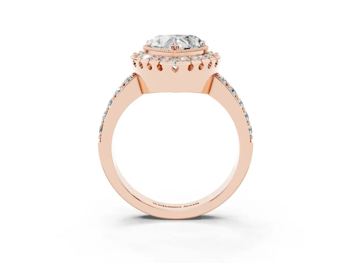 Heart Cut Diamond Halo Ring with Pavé Band and Prong Setting Rose gold
