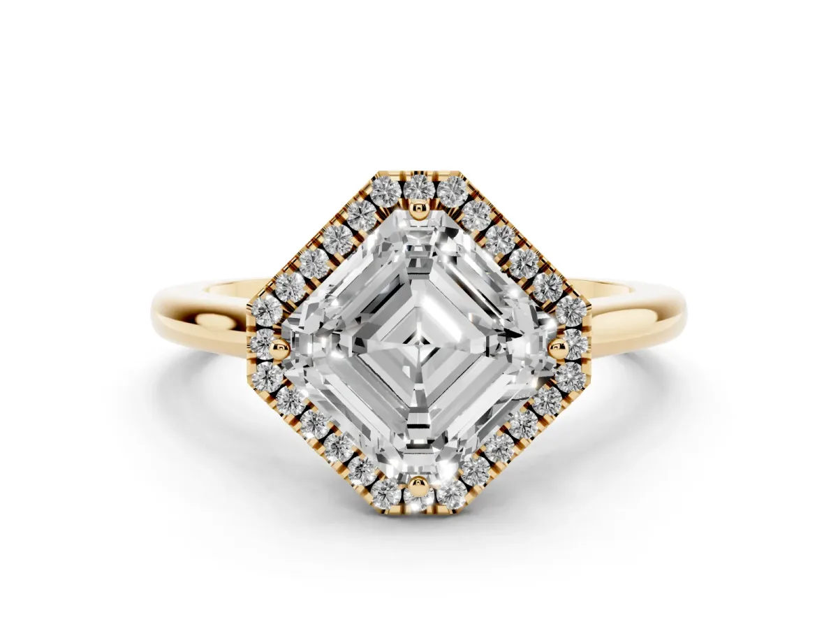 Asscher Cut Halo Round Diamond Solitaire Engagement Ring with Pave Band and Four-Prong Setting Yellow gold