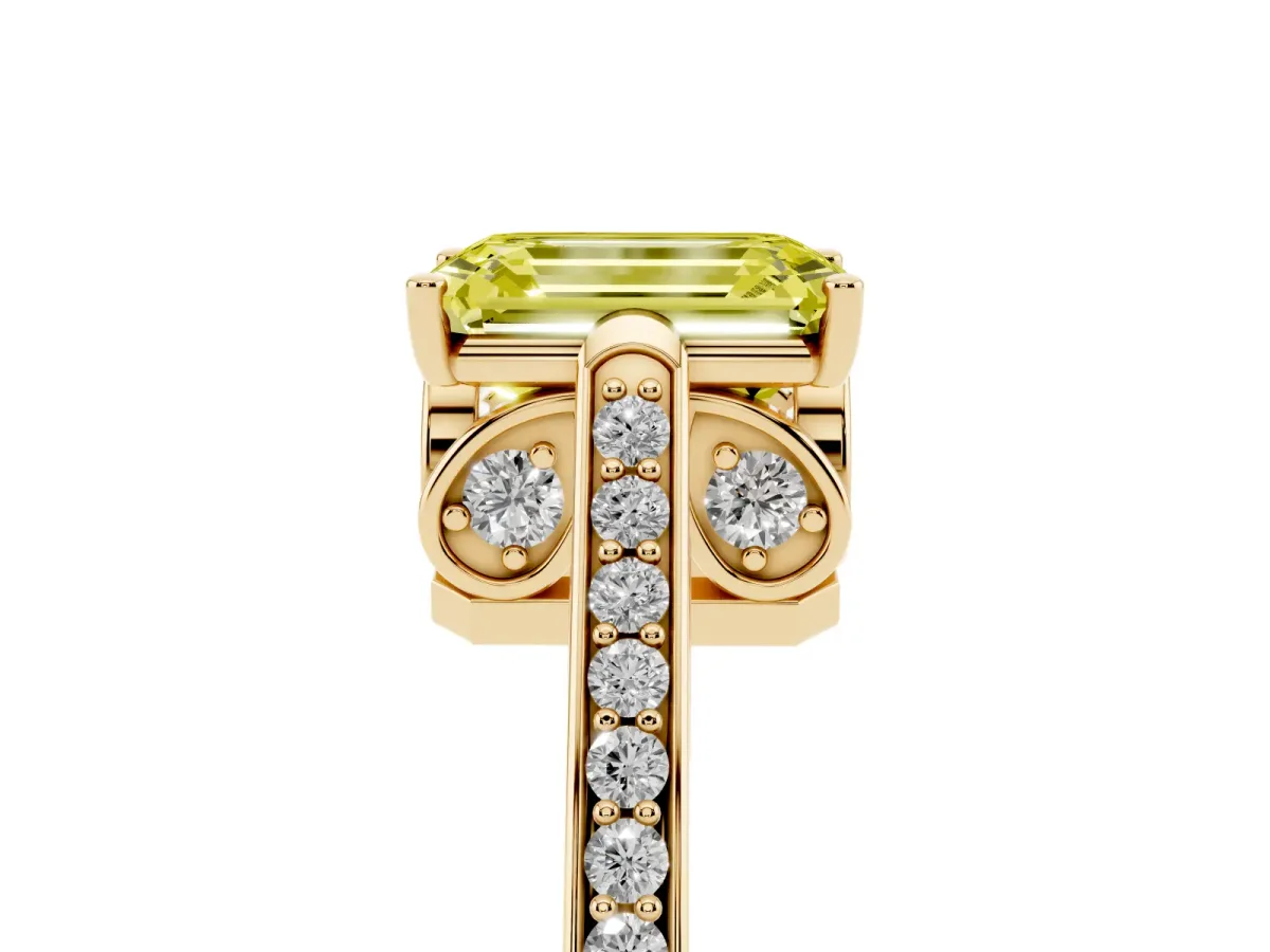 Fancy Yellow Emerald Cut Cut Cathedral Pave Diamond Engagement Ring with Six-Prong Setting Yellow gold