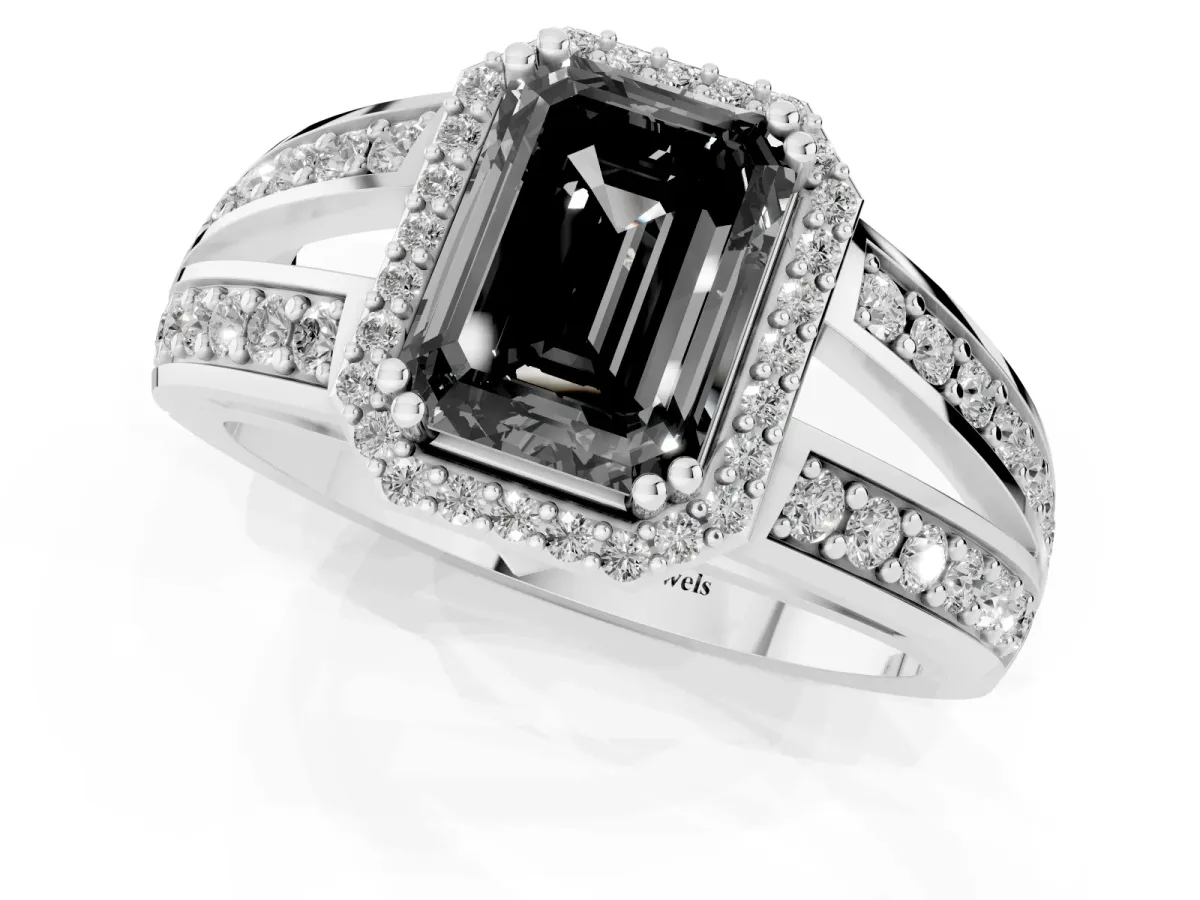 Fancy Black Emerald Cut Diamond Halo Ring with Split Shank Pavé Band and Four-Prong Setting White gold