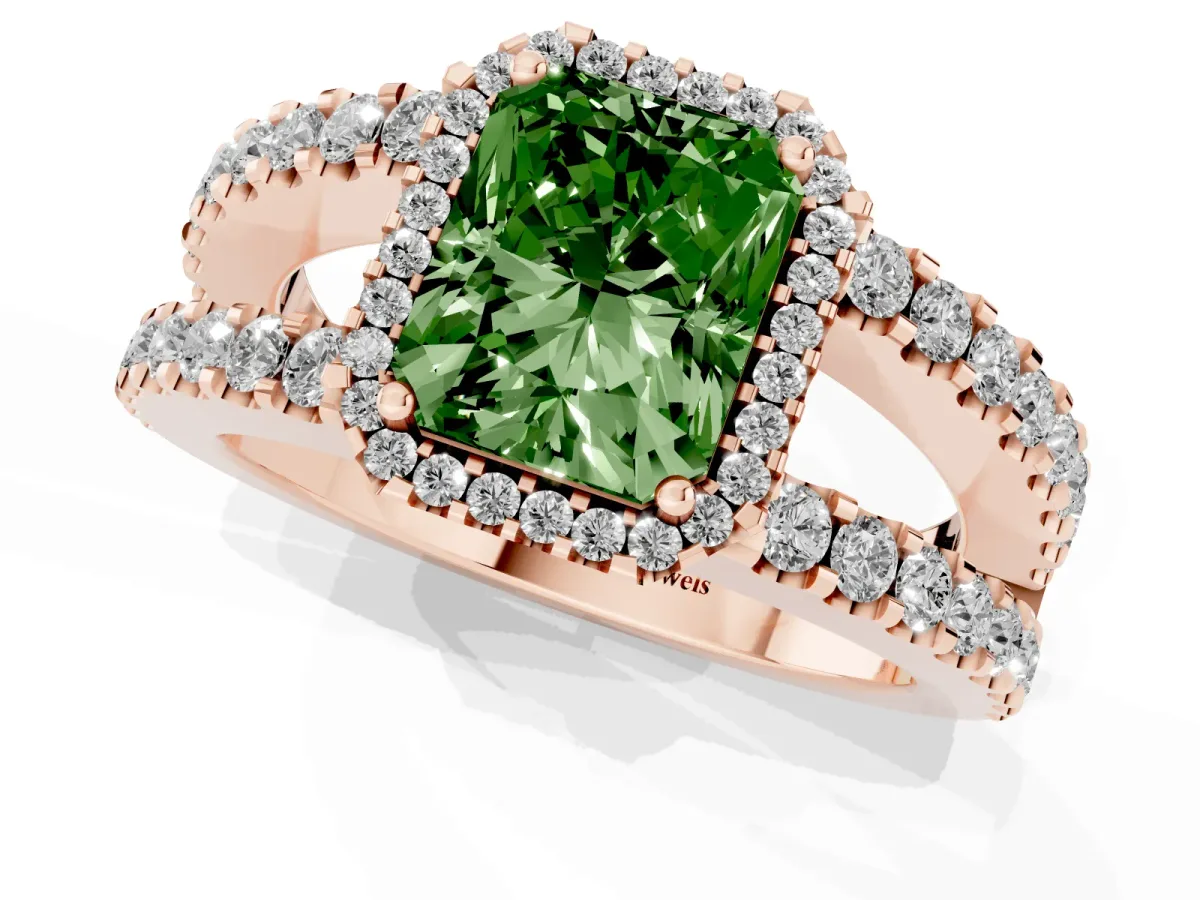 Fancy Green Radiant Cut Cut Halo Split Shank Diamond Ring with Four-Prong Setting Rose gold