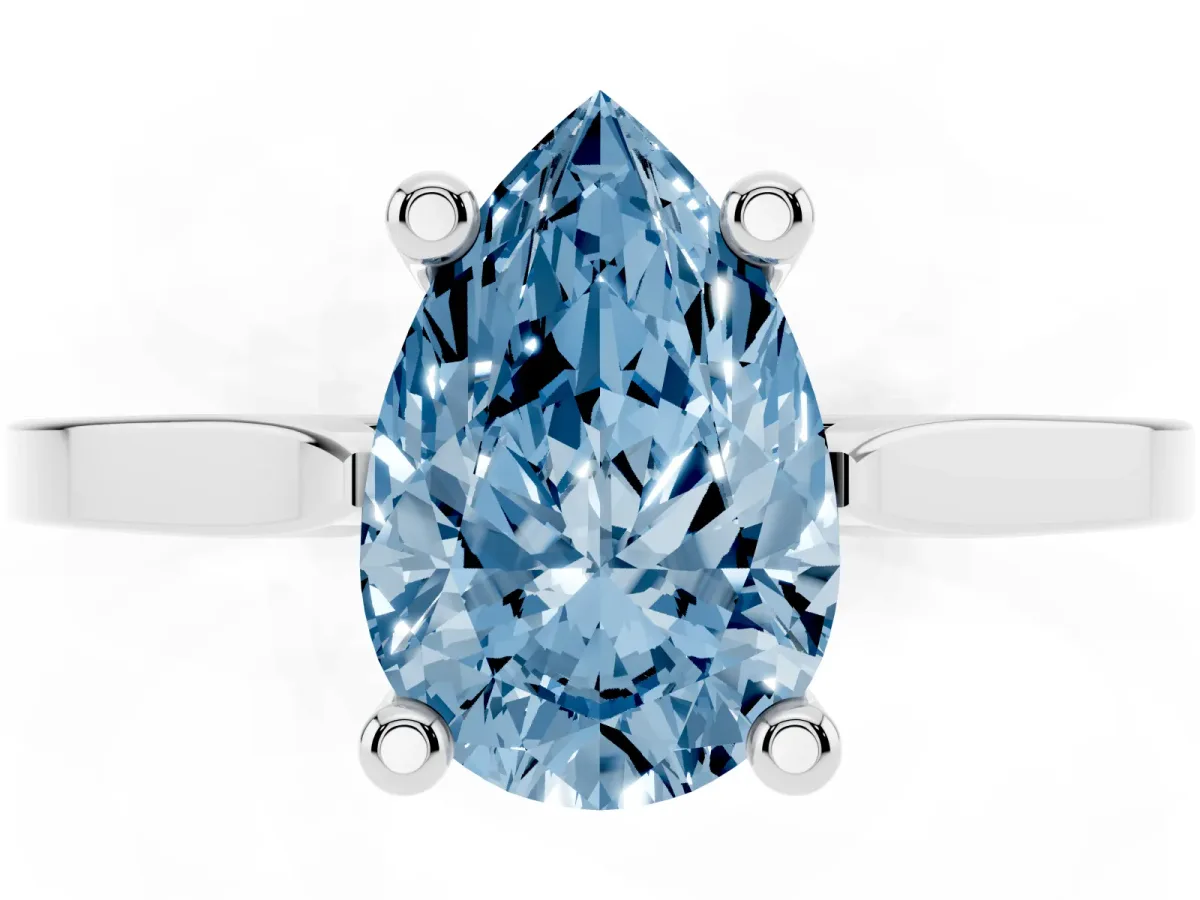 Fancy Blue Pear Cut Solitaire Diamond Ring with Four-Prong Setting and Tapered Band Platinum