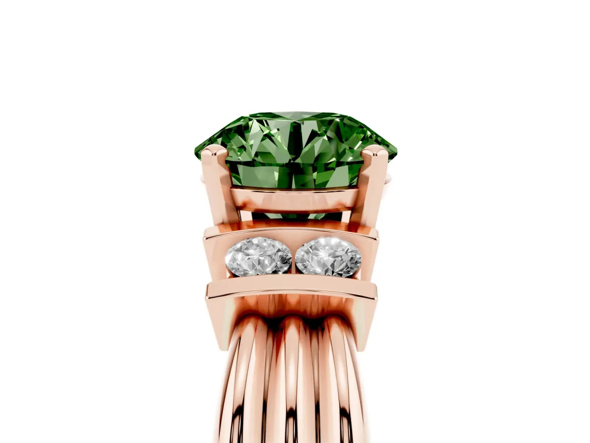 Fancy Green Round Cut Cut Three-Stone Channel Set Ring with Bar Prongs Rose gold