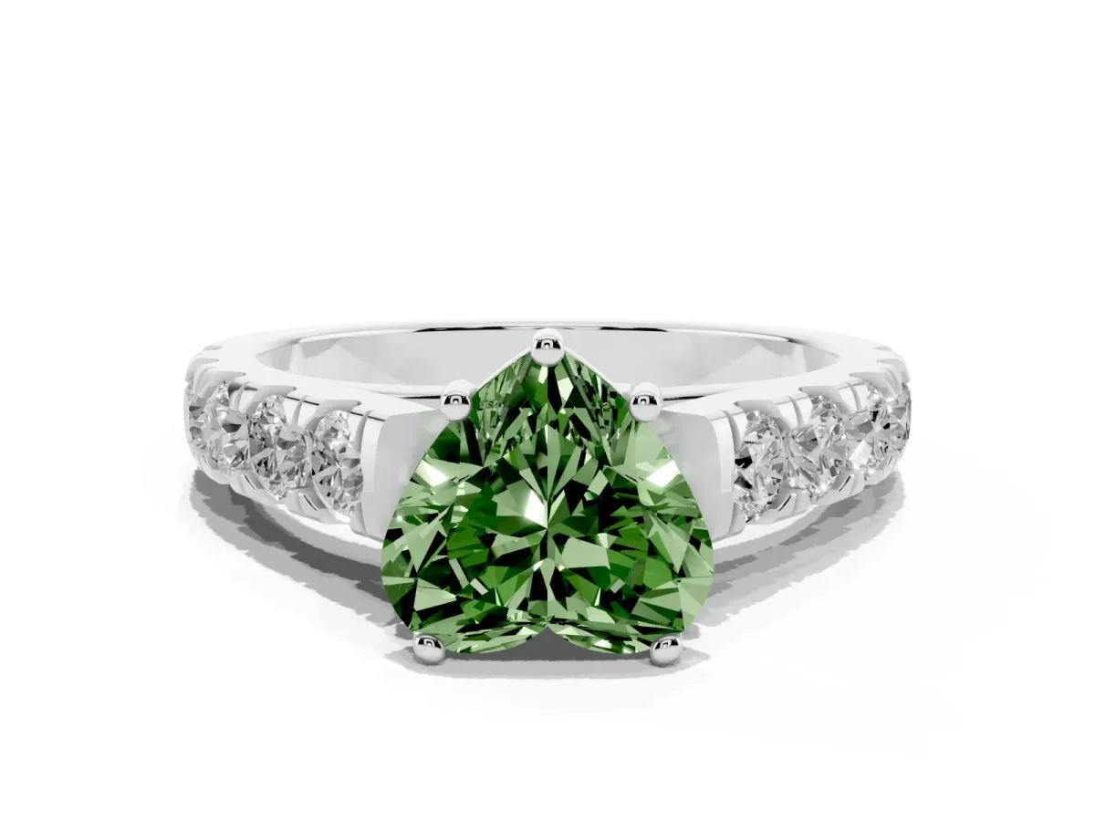 Fancy Green Heart Cut Cut Diamond Solitaire Ring with Micro Pave Band and Prong Setting Silver