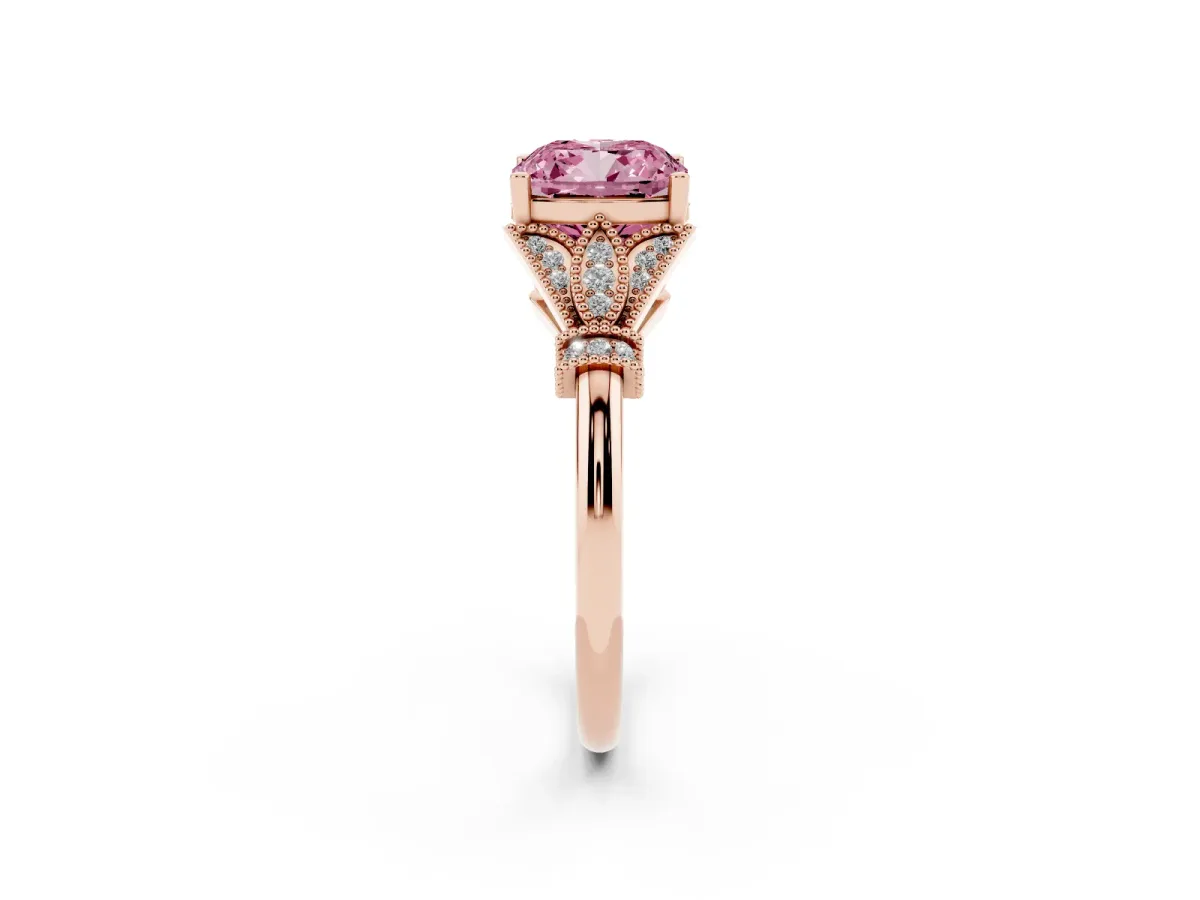 Fancy Pink Cushion Cut Diamond Solitaire Ring with Floral Filigree and Pave Accents Rose gold