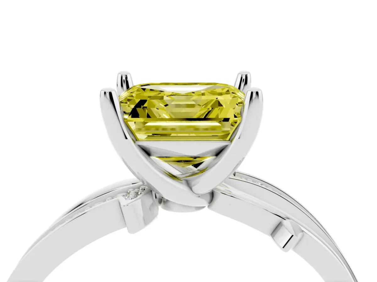 Fancy Yellow Asscher Cut Solitaire Twist Band with Pavé Accents and Four-Prong Setting Platinum