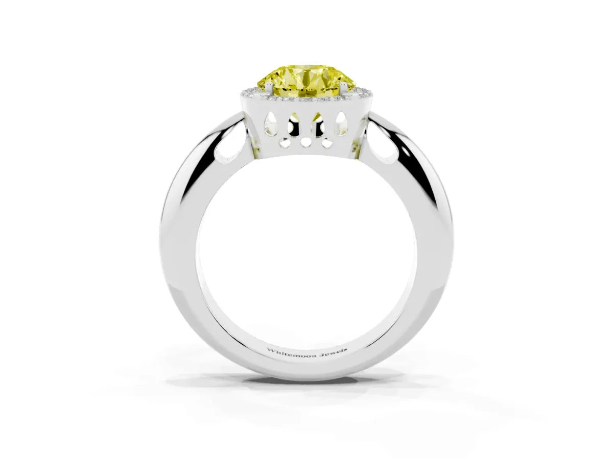 Fancy Yellow Round Cut Cut Diamond Halo Engagement Ring with Split Shank and Four-Prong Setting Silver