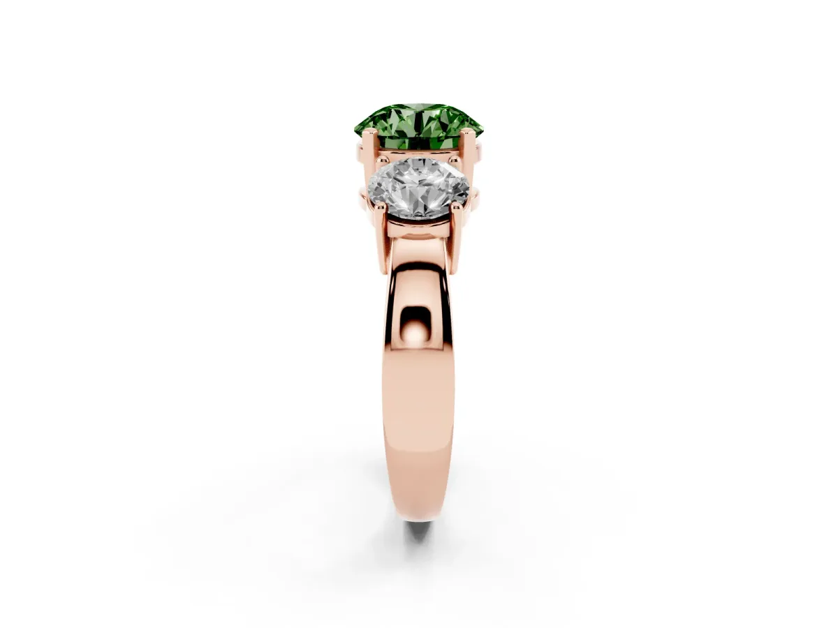 Fancy Green Three-Stone Round Cut Diamond Ring with Round Side Stones, Classic Band, and Four-Prong Setting Rose gold