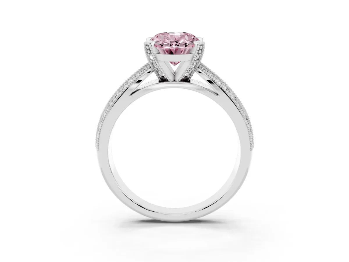 Fancy Pink Oval Cut Diamond Solitaire Ring with Milgrain Round Pavé Band and Prong Setting Silver