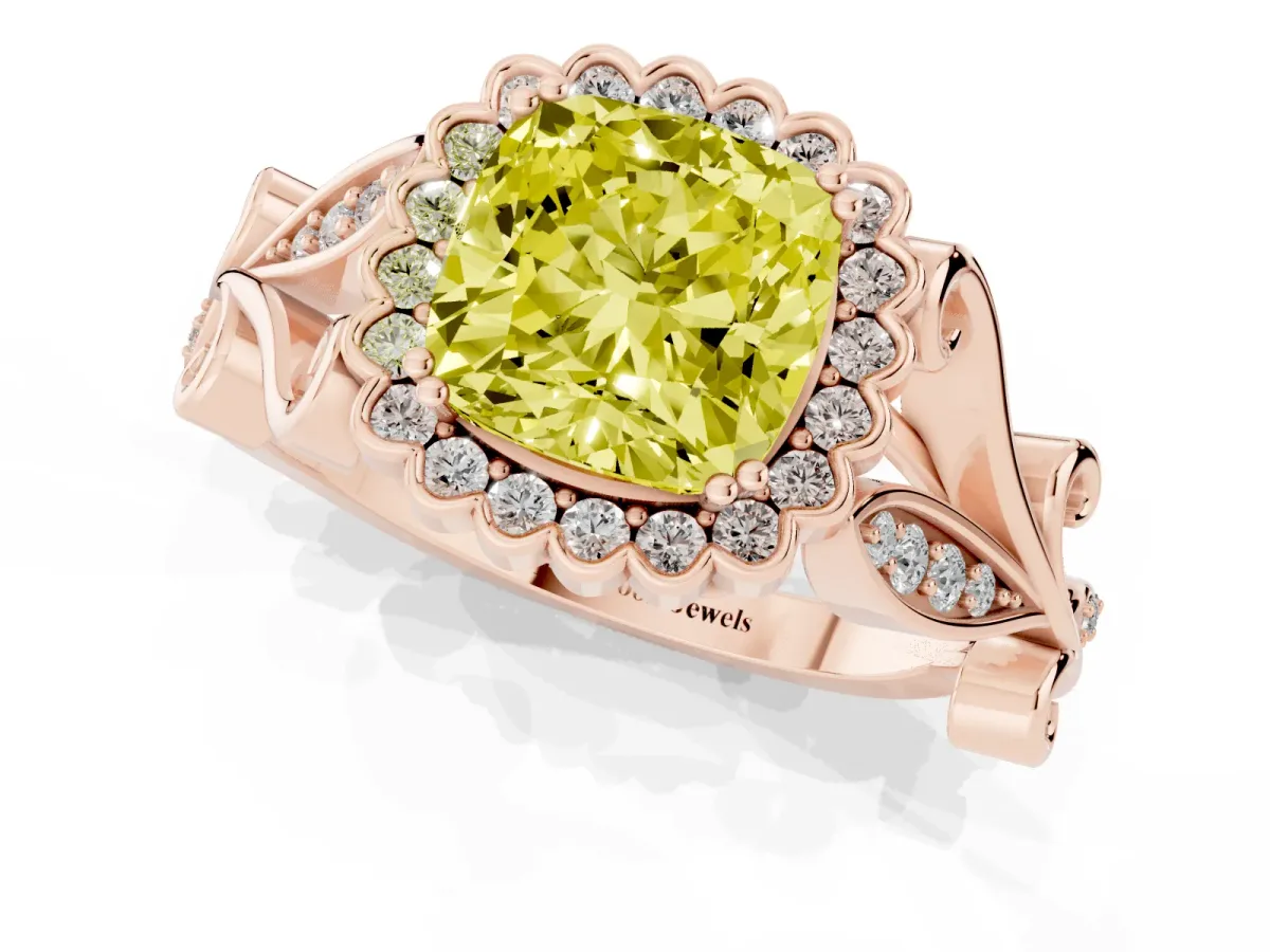Fancy Yellow Cushion Cut Diamond Halo Ring with Vintage Split Shank and Four-Prong Setting Rose gold