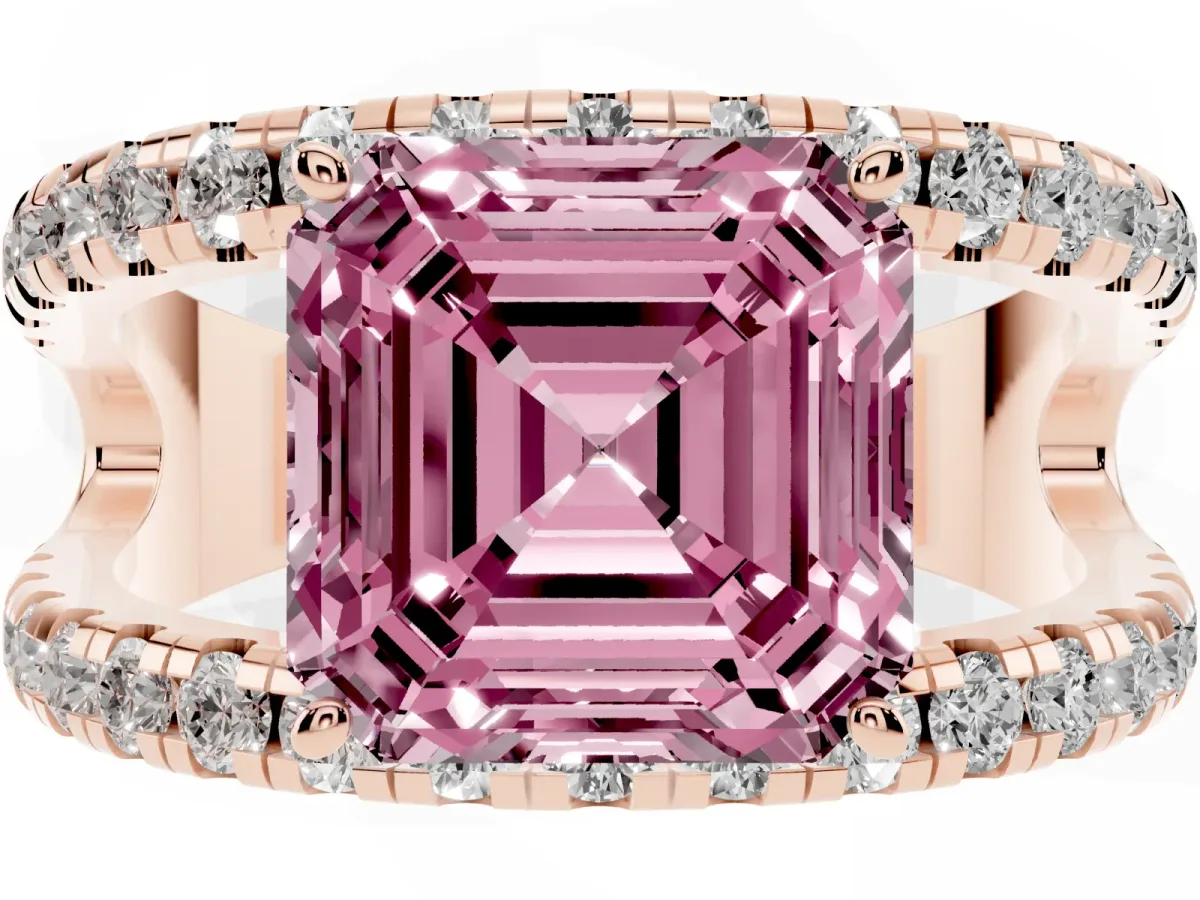 Fancy Pink Asscher Cut Solitaire Split Shank Pave Diamond Ring Rose gold