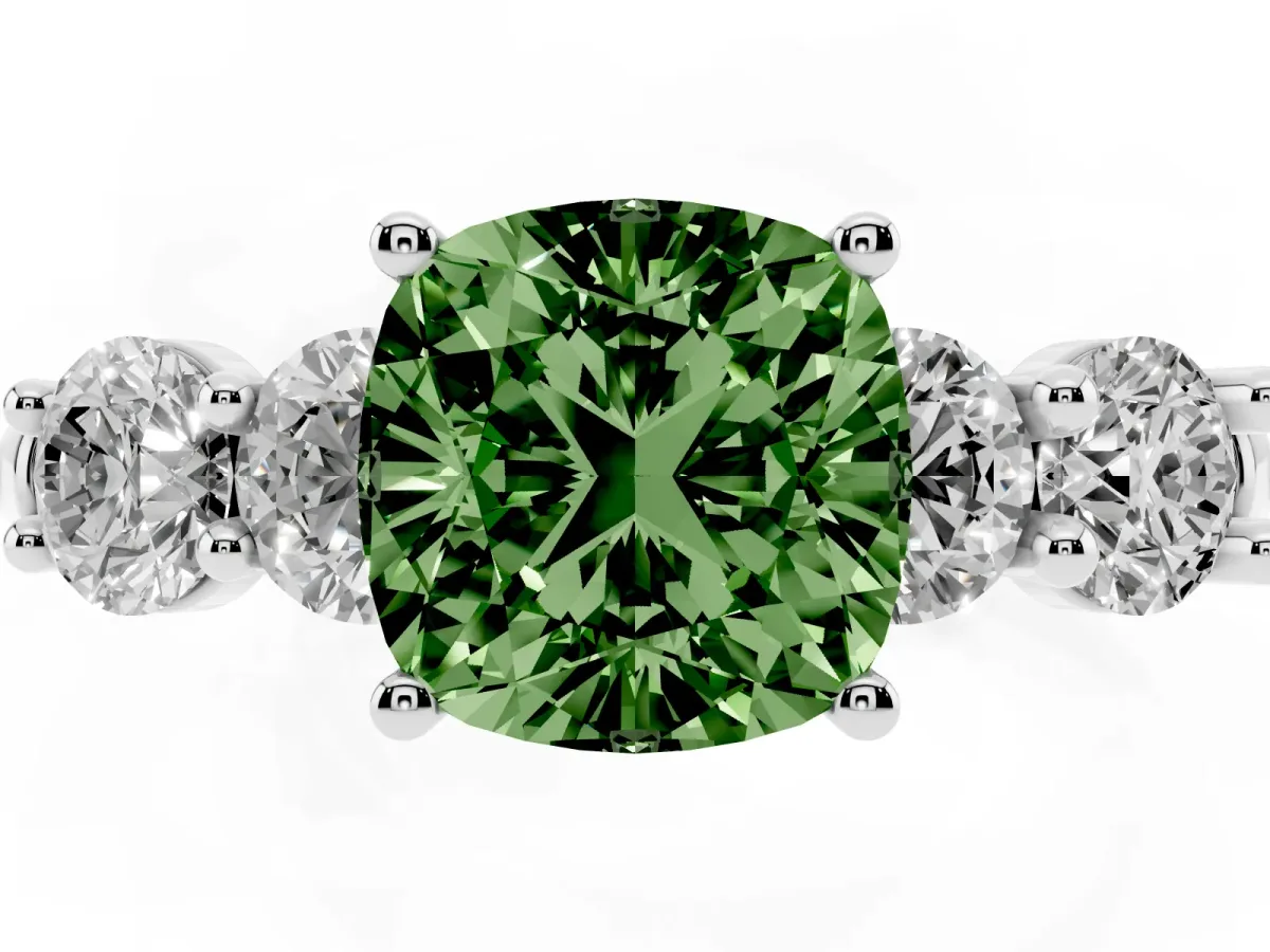 Fancy Green Cushion Cut Cut Five-Stone Prong Set Diamond Ring with Classic Band Silver