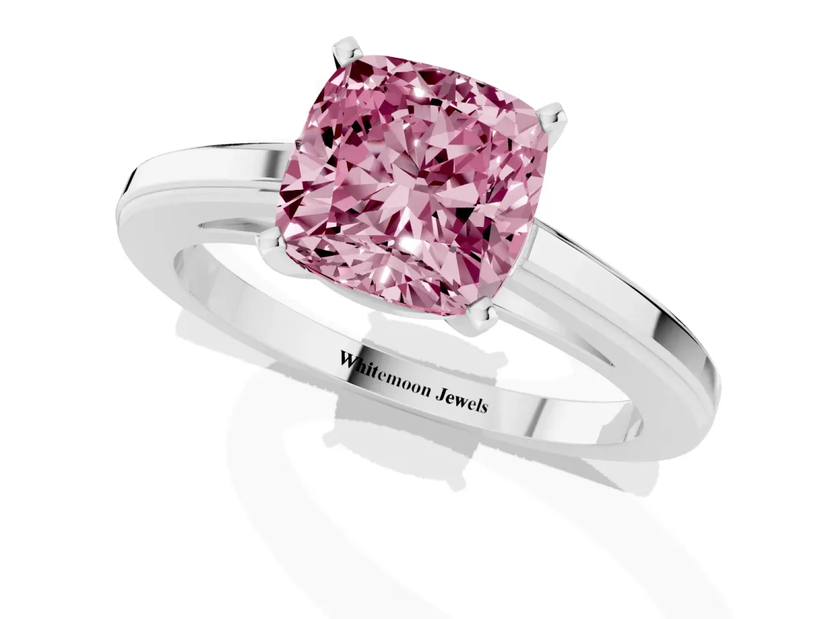 Fancy Pink Cushion Cut Solitaire Diamond Ring with Four-Prong Setting and Classic Band White gold