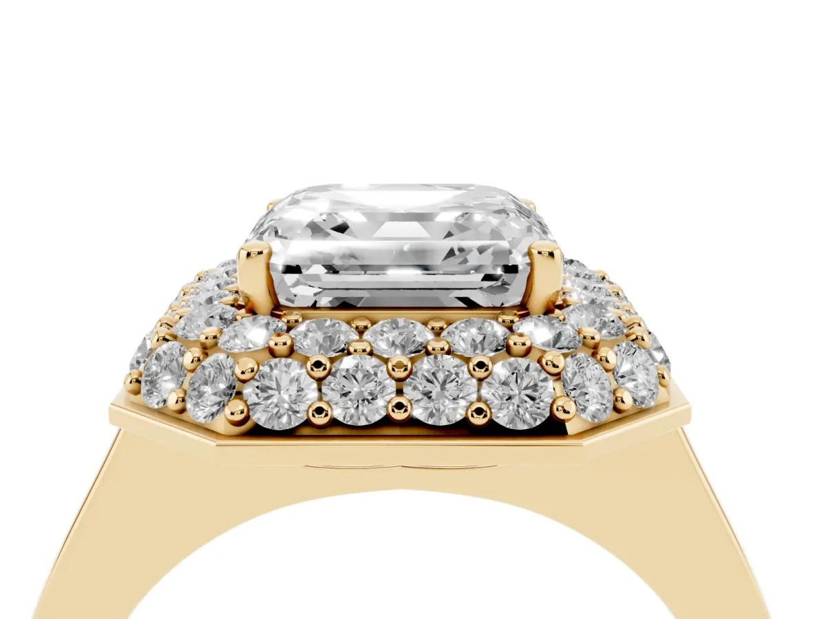 Asscher Cut Halo Diamond Engagement Ring with Solitaire Band and Four-Prong Setting Yellow gold