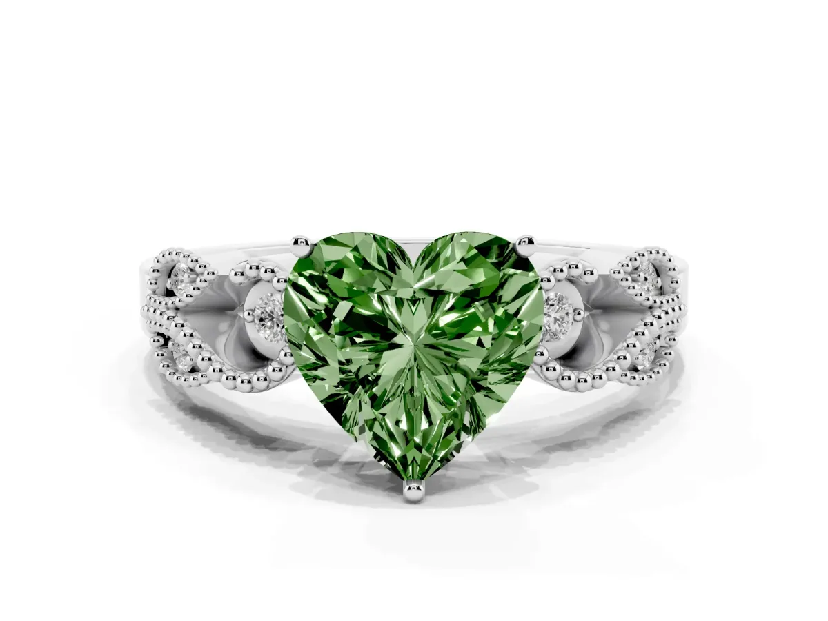 Fancy Green Heart Cut Solitaire Milgrain Leaf Band with Prong Setting Silver
