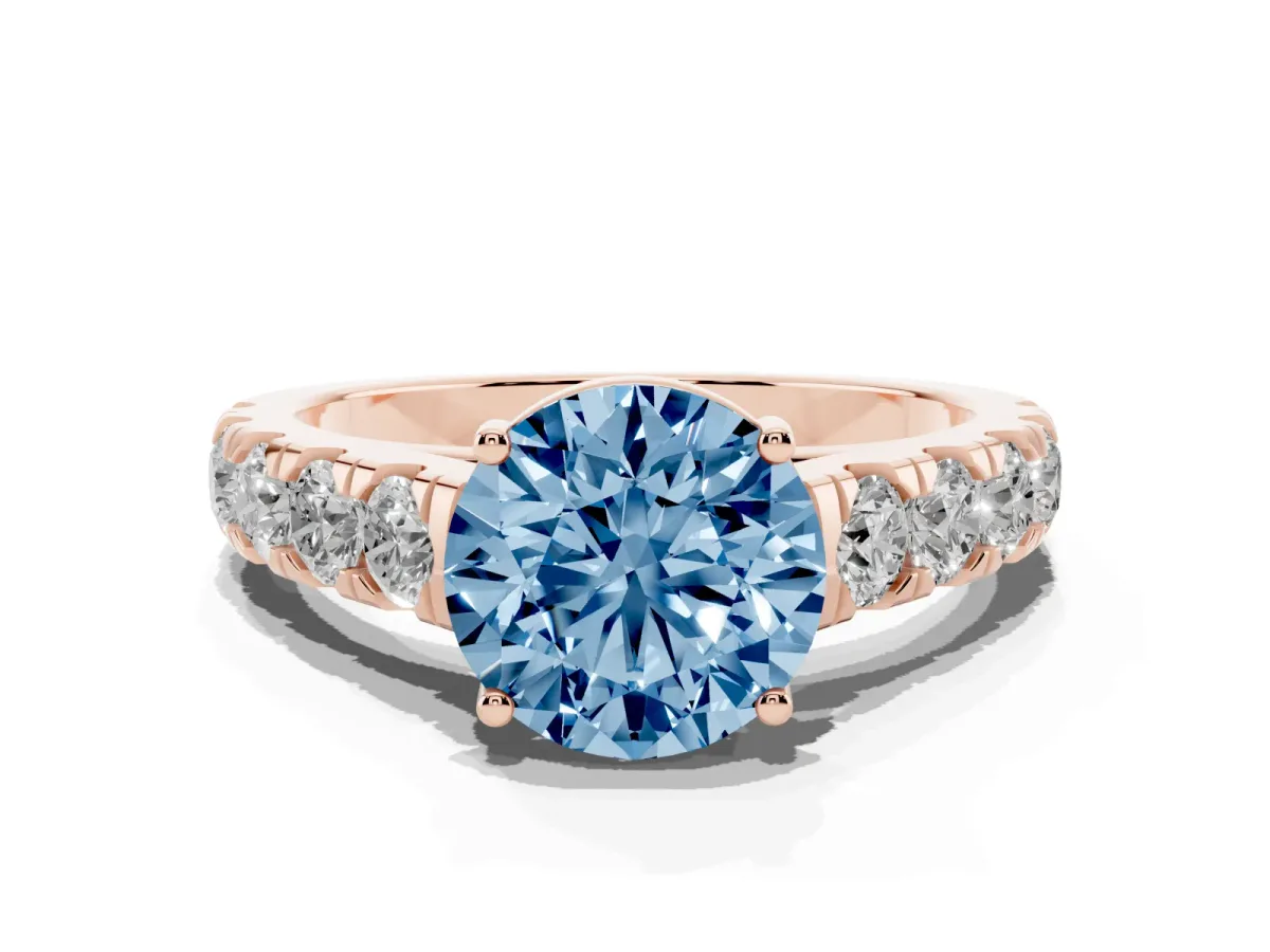 Fancy Blue Round Cut Cut Diamond Solitaire Ring with Micro Pave Band and Prong Setting Rose gold