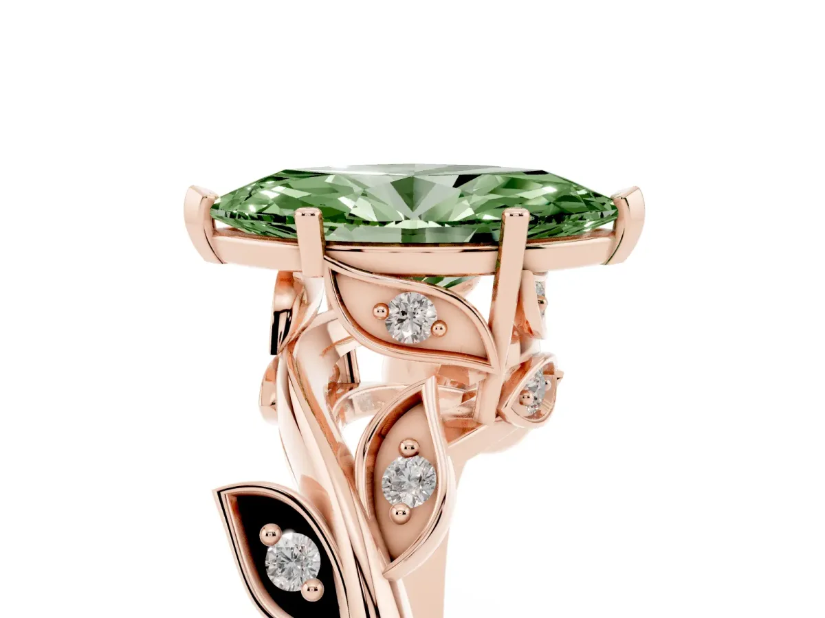 Fancy Green Marquise Cut Solitaire Twist Engagement Ring with Leaf Accents and Prong Setting Rose gold