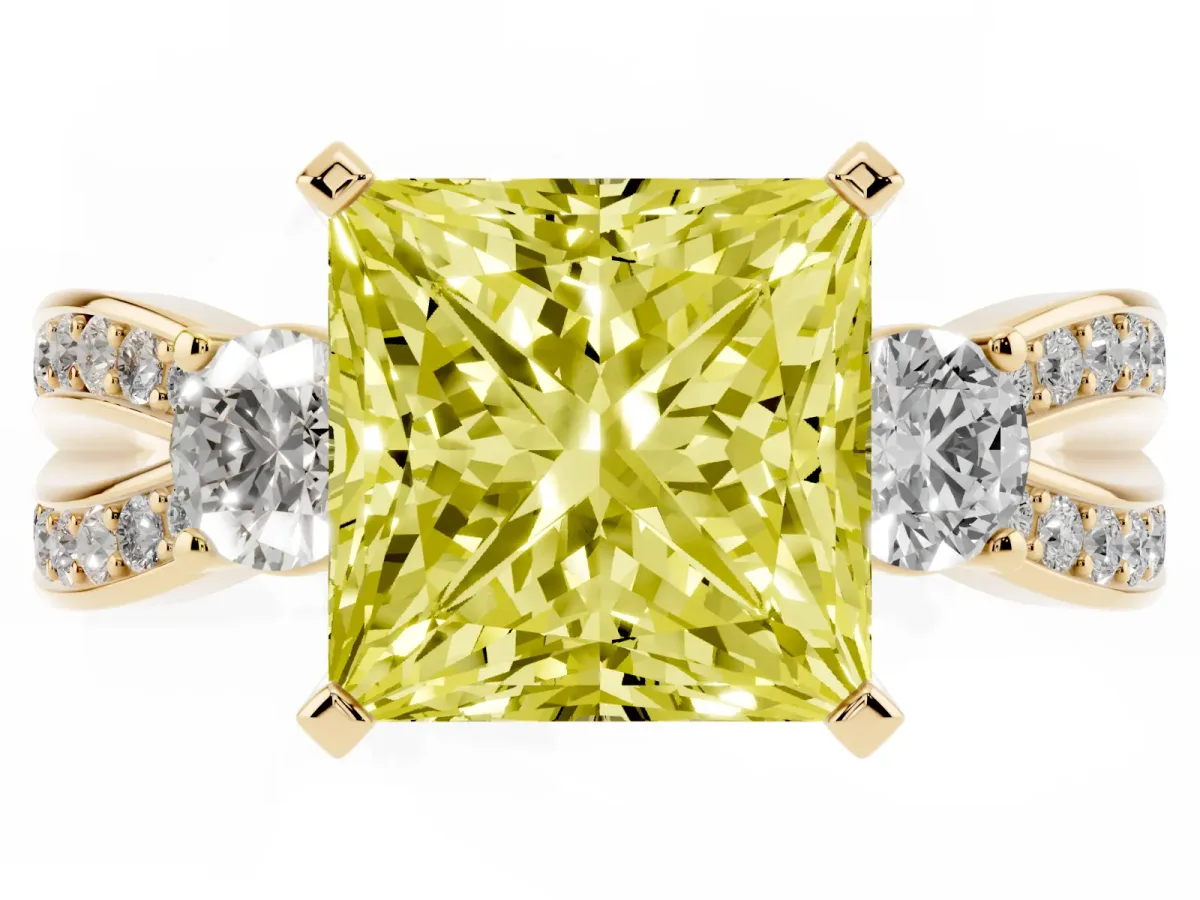 Fancy Yellow Three-Stone Princess Cut Cut Diamond Twist Band with Prong Setting Yellow gold