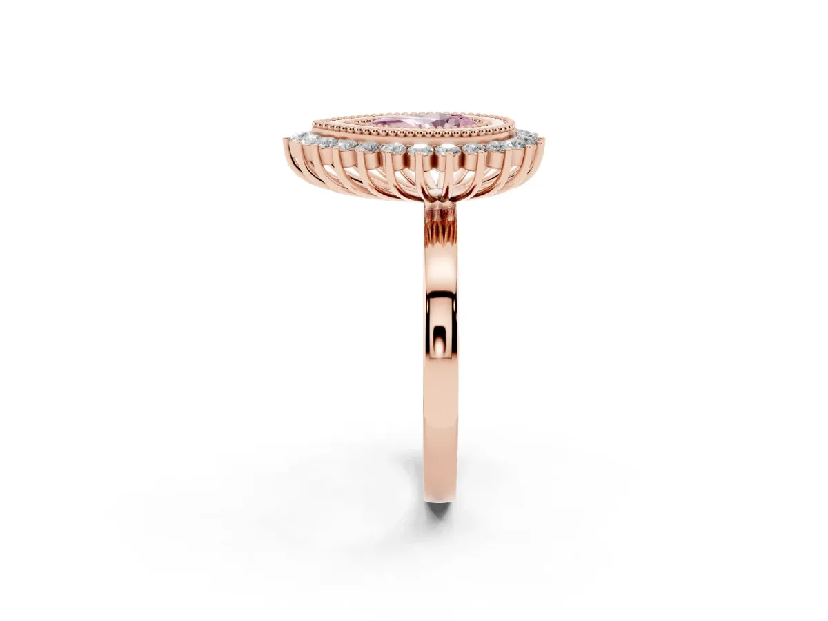 Fancy Pink Pear Cut Halo Diamond Ring with Milgrain Edge and Round Prong Setting Rose gold