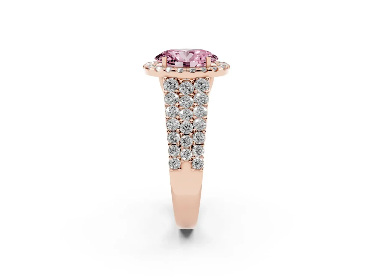 Fancy Pink Oval Cut Diamond Halo Engagement Ring with Triple Row Round Pavé Band and Prong Setting Rose gold